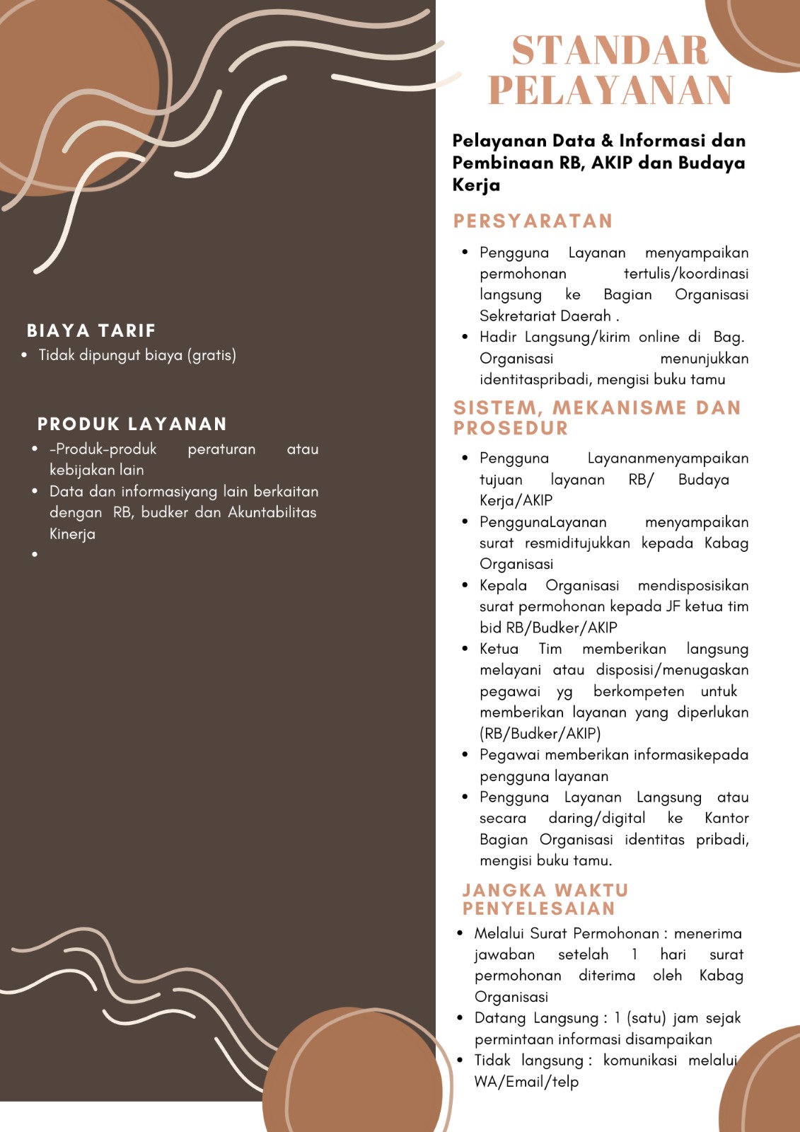 Standar Pelayanan: Pelayanan Data & Informasi dan Pembinaan RB, AKIP, dan Budaya Kerja